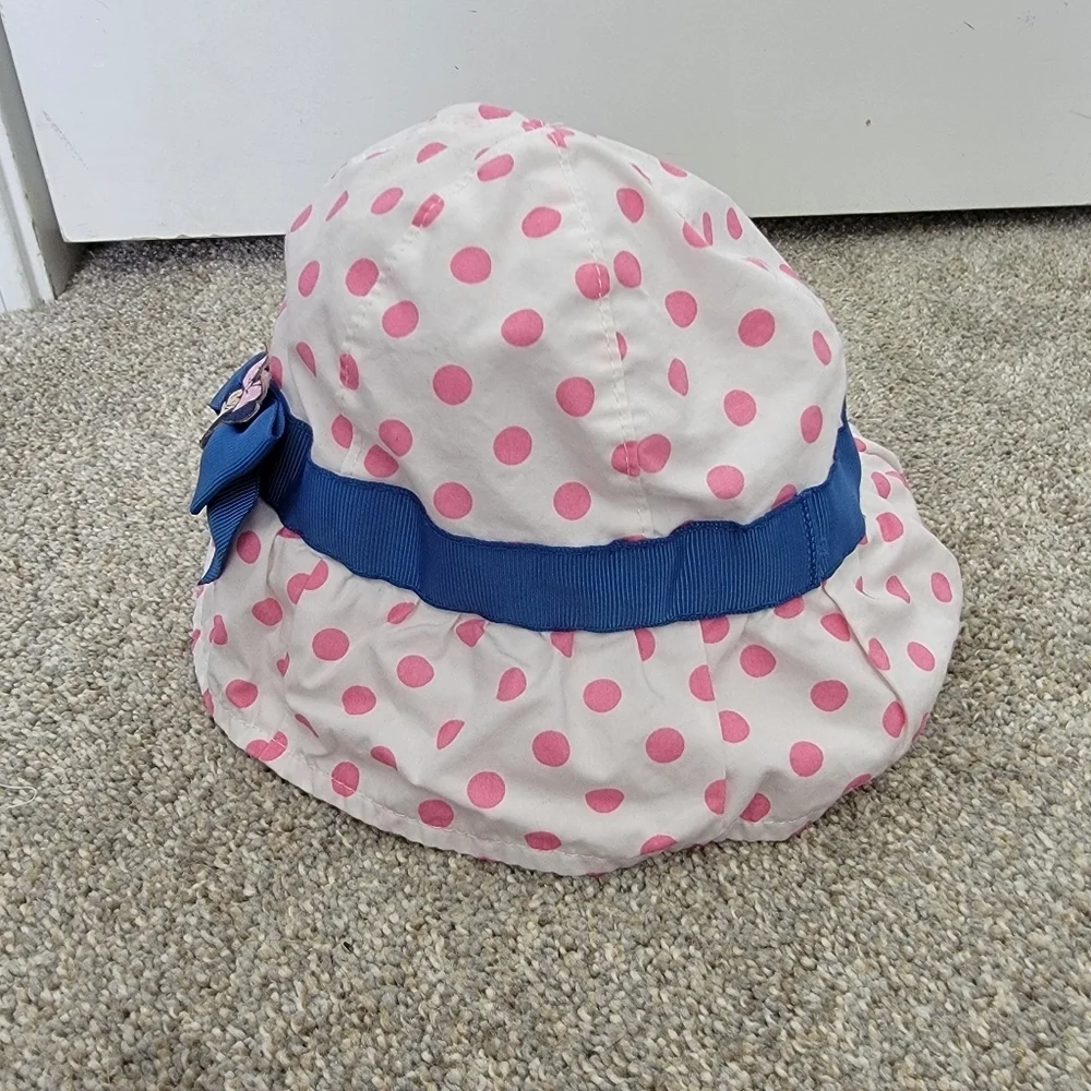 Disney Baby Minnie Mouse Hat Sun Bonnet White Pink Polka Dots 0-6 Months Ribbon